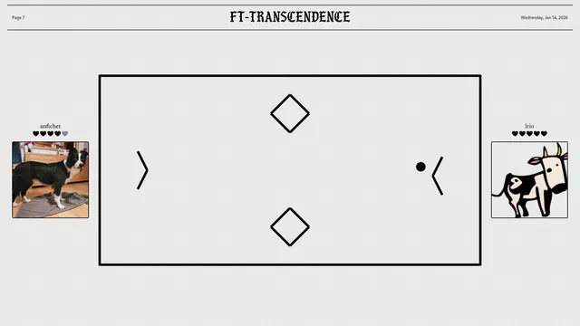 Capture originale de Transcendance : une partie de Pong avec raquettes en V et obstacles.